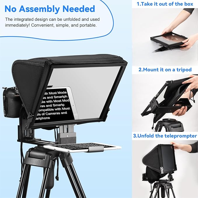 TX12P Teleprompter with Remote App Control, 14inch Metal Teleprompter，Compatible with iPad, Smartphone, DSLR Camera,Collapsible with Carry Case,Easy to Assemble