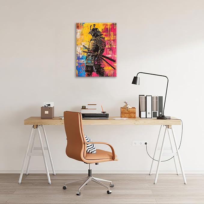 Japanese Wall Art, Graffiti Samurai Pictures Wall Decor, Banksy Samurai Canvas Prints, Japan Painting, Framed Artwork for Bathroom Living Room Bedroom Office Dining Room 20"X16"
