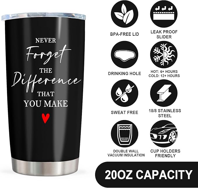 Thank You Gifts for Women/Men, Teacher/Employee Appreciation Gifts, Retirement Gift for Woman, Farewell Gift for Coworkers, Never Forget The Difference You Make Tumbler 20oz