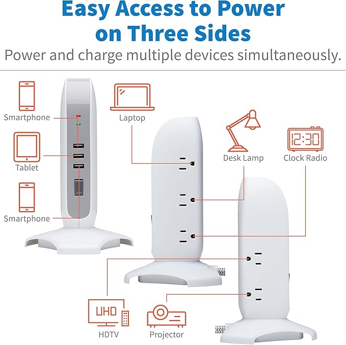 Tripp Lite TLP66USB Surge Protector Tower with USB Ports, 1200 Joules, 5-Outlets, 3 USB Ports, 6ft Heavy-Duty Braided Extension Cord, Desk Charging Tower, Dorm Essentials, Tower Power Strip with Surge