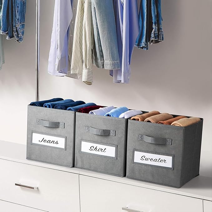 artsdi 13x13x13 storage cube bins (Set of 10) Fabric storage cubes with 10 Labels Window Cards & a Pen, storage cubes 13x13, Collapsible 13 inch cube storage bins, Cubby Organizer Boxes, Gray