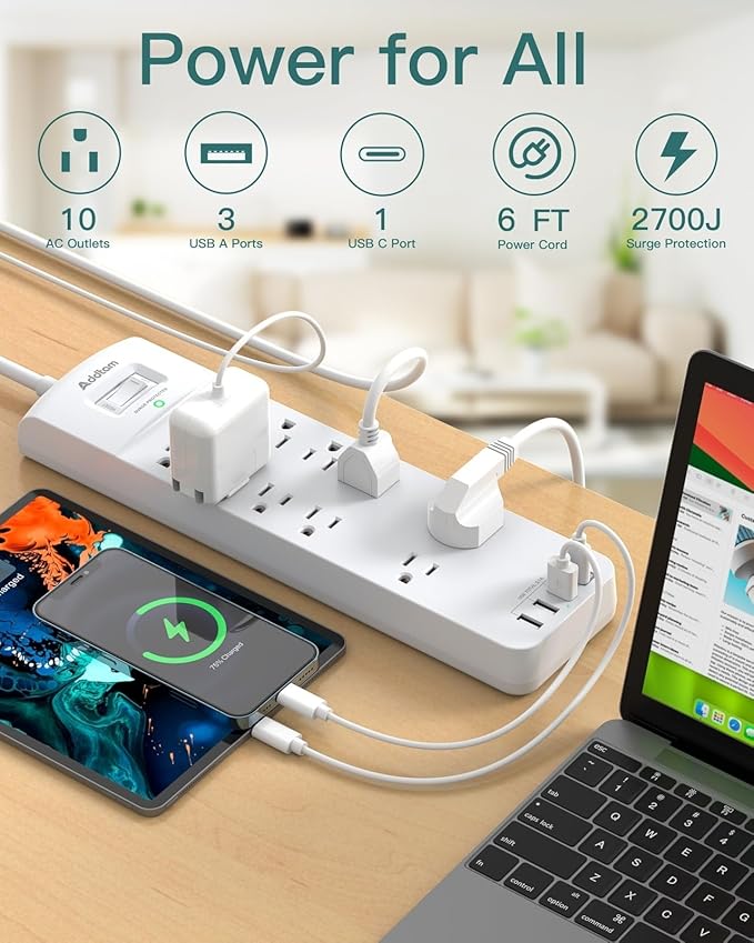 Power Strip, Addtam Surge Protector with 10 Outlets and 4 USB Ports, 6 Feet Extension Cord with Flat Plug, 2700 Joules, ETL Listed, White