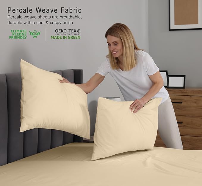 RUVANTI 100% Cotton Sheets Queen Size Set, 4 Pieces, Soft & Breathable Percale Weave Bedding, Deep Pocket 16", Hotel Standard, Crisp Cool Feeling, Durable, Perfect Dyed Bed Sheet, Beige