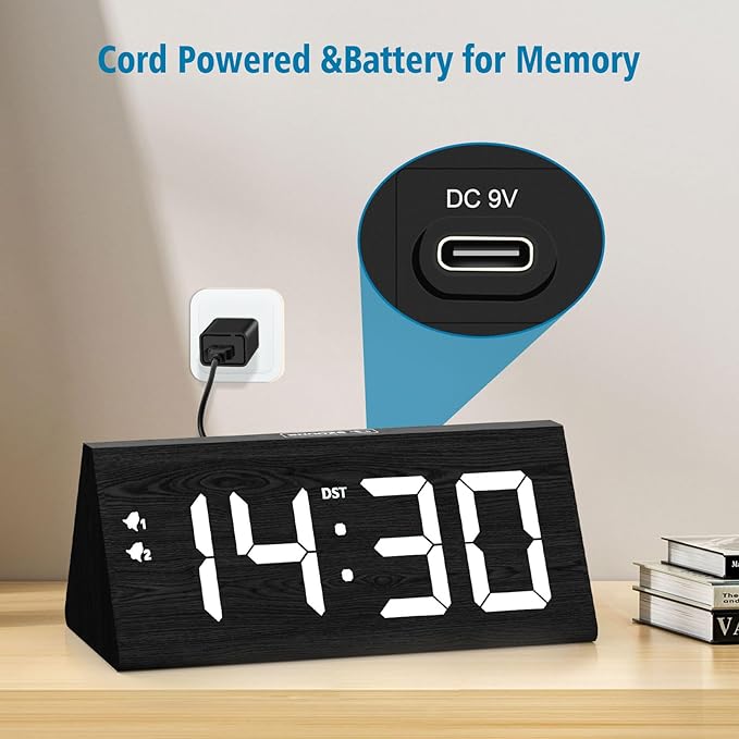 fomobest Wooden Digital Alarm Clock with Dual USB Charging Ports, DST, Dimmable, Snooze, Modern Large Time Display LED Clock for Kids Bedrooms, Living Room, Desk, Table, Bedside, Nightstand (Black)