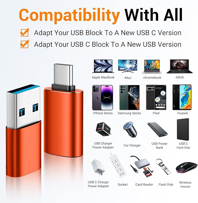 Temdan USB to USB C Adapter,Car Charger OTG Converter Compatible with MacBook Pro Air 2024,Samsung Notebook and More Type C,for iPhone 17 16 15 Air Plus Pro Max,OTG Adapters-Orange