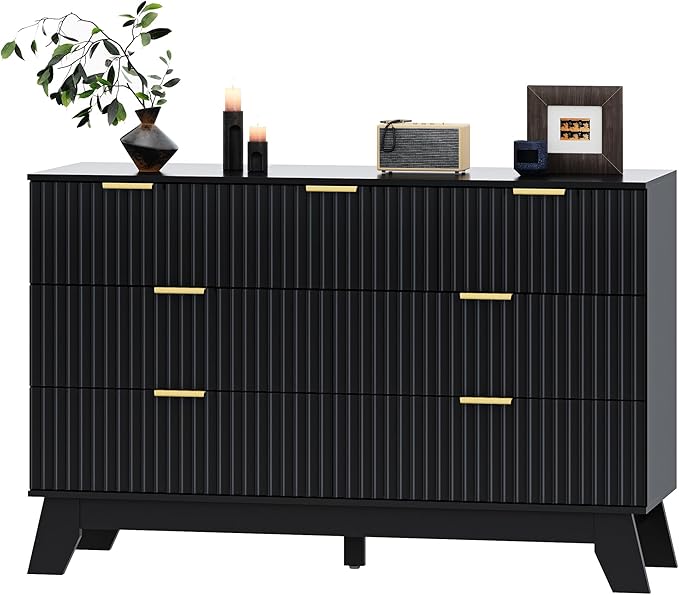 HUANLEGO Fluted Dresser for Bedroom with 7 Drawer, Mid Century Modern Chest of Drawers, 48" Wide Natural Wood Dresser for Closet, Wooden Boho Chest Closet Storage TV Stand for Bedroom, Black