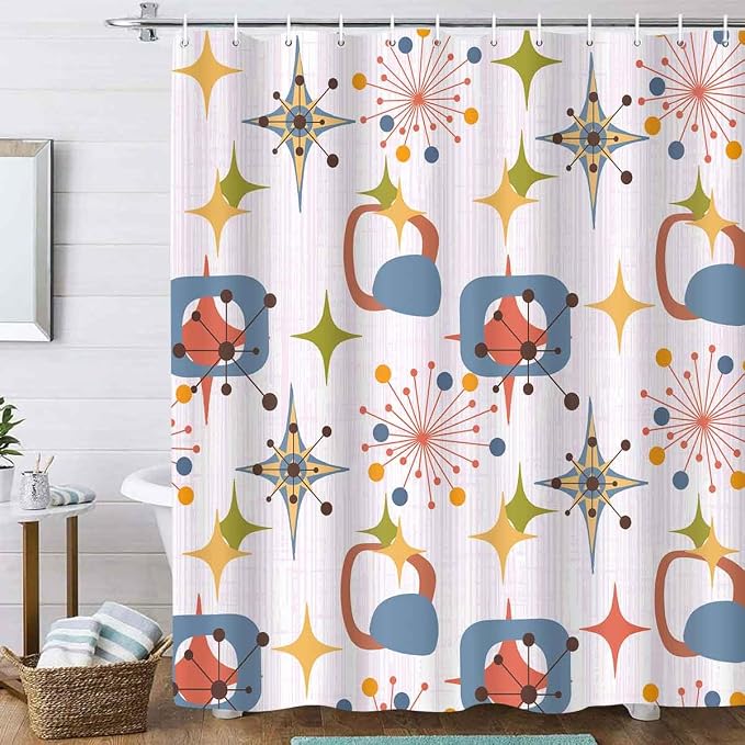 Mid Century Shower Curtain, 72x78inch, Modern Abstract Retro Pink Striped Geometric Shower Curtain Sets 1950s Boho Bathroom Shower Curtain with 12 Hooks