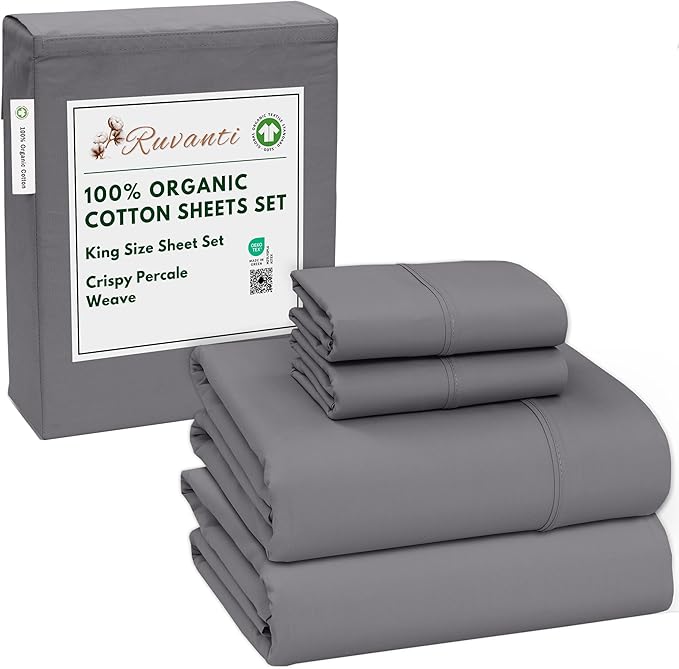 RUVANTI 100% Organic Cotton Sheets King Size, Percale Weave, GOTS Certified, 4-Piece Set, Deep Pocket 15", Crisp & Breathable, Soft Durable Bedding, Sábanas Algodón Orgánico – Silver Filigree