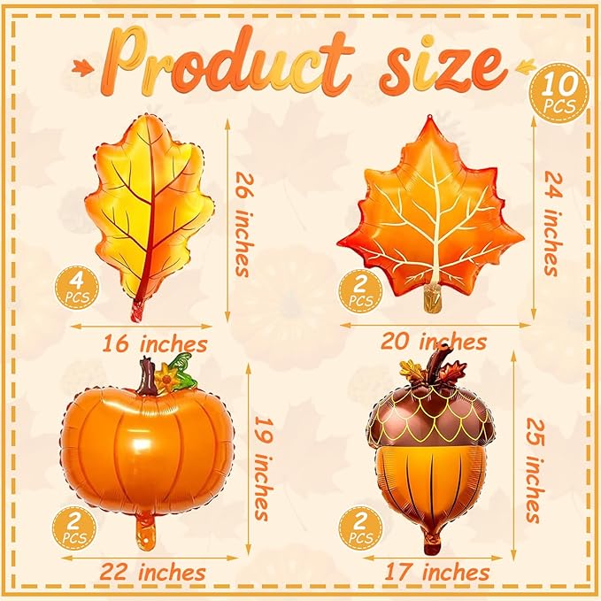 Pensar 10Pcs Orange Brown Fall Thanksgiving Balloons Pumpkin Maple Leaf Pine Cones Balloons for Thanksgiving Party Decorations, Baby Shower Decor Supplies