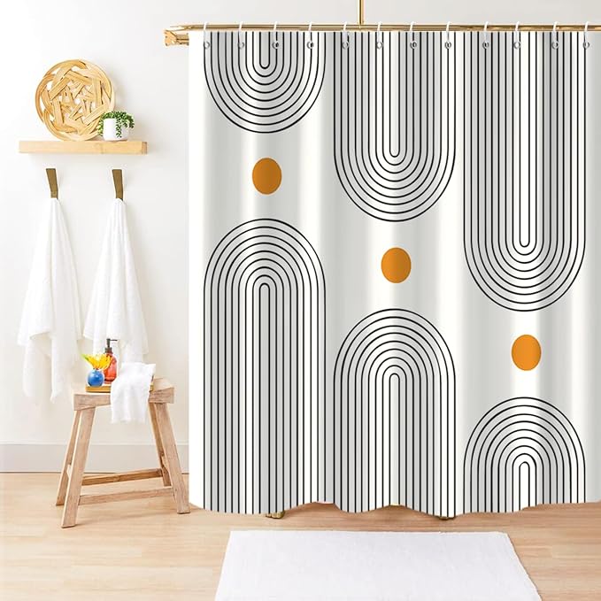 Boho Mid Century Shower Curtain, Modern Abstract Arch Sun Ivory Machine Washable Waterproof Fabric for Bathroom Decor Bathtub with 10 Hooks 60Wx72H
