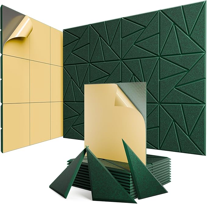12 Pack Acoustic Panels with Self-Adhesive, 12"X 12"X 0.4"Sound Proof Foam Panels, Sound Panels High Density, Soundproof Wall Panels for Home Studio Office Forest Green