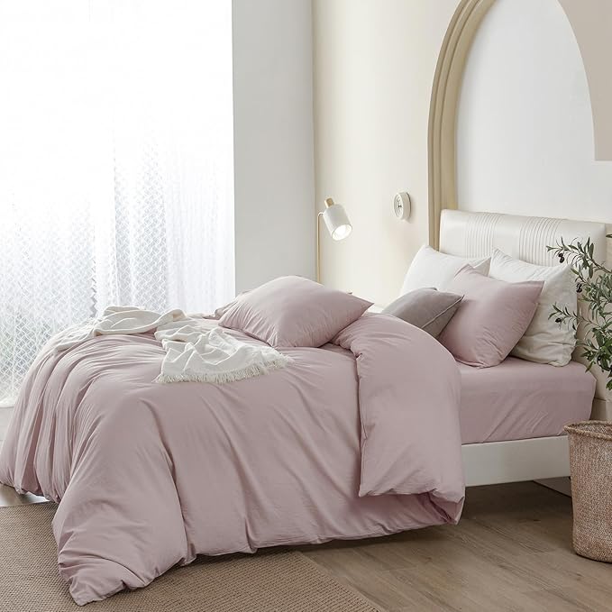 JIYUAN 100% Washed Cotton Duvet Cover Set 3 PCS Oversized Queen, 1 Duvet Cover 98"x98" (Comforter Not Included) and 2 Pillowcases,Linen Feel Bedding Set Comfy and Breathable, Heathered Greyish Pink