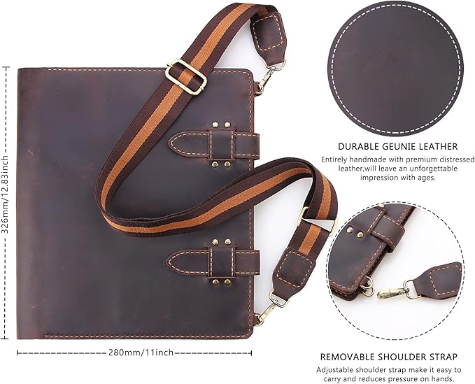 Robrasim Handmade Leather Sketchbook Cover, Artist Sketch Pad Holder for 9"X12" Sketchbook, Drawing Book and Pencil Case, Journal Notebook Portfolio with Shoulder Strap, Artist Gifts, Coffee