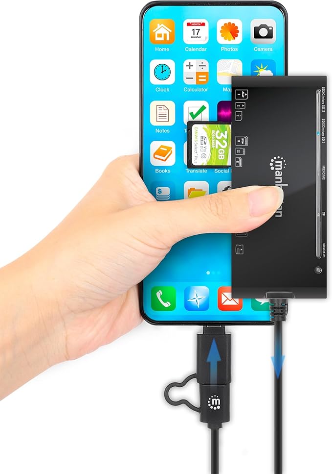 Manhattan 7 in 1 USB C & USB A Combo Multi Card Reader – Long 3 ft Cable – 5Gbps USB 3.0 - SD, TF, CF, Micro SD, XD, MS - Multiple Adapter Hub – 3 Yr Mfg Warranty – 102605