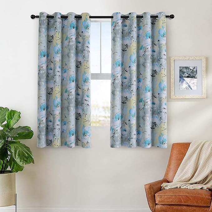 MYSKY HOME Bule Floral Curtains 63 inch Length 2 Panels Printed Curtains for Bedroom Living Room Darkening Thermal Insulated Curtains Vintage Flower Grommet Curtains Teal and Blue
