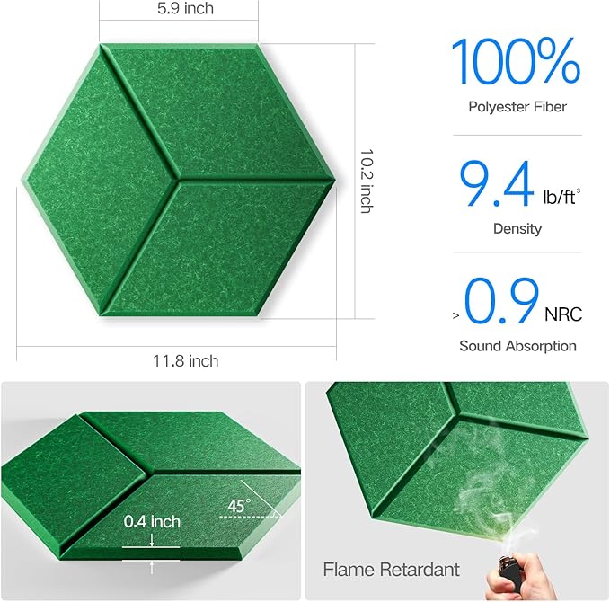 12 Pack Self-Adhesive Acoustic Panels 12" X 10" X 0.4" - Sound Proof Foam Panels with High Density, Y-Lined Design, Flame Resistant, Absorb Noise and Eliminate Echoes(Muted Green)