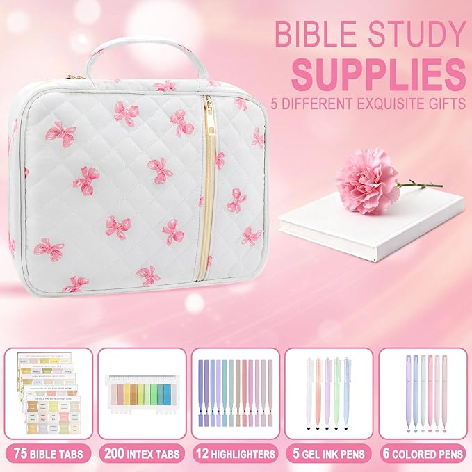 Lestp Bible Cover Case Study Supplies for Women Gifts Large Bible Cover with Highlighters Pens Tabs Cute Quilted Carrying Case Journal Kit Accessories Christian Gifts Sticky Notes C