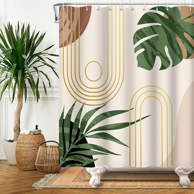Boho Sage Green Shower Curtain Bohemian Mid Century Geometric Abstract Curve Bathroom Curtain Palm Leaf Polyester Shower Curtain Sets for Bathroom Extra Long 60x72 in with 10 Hooks