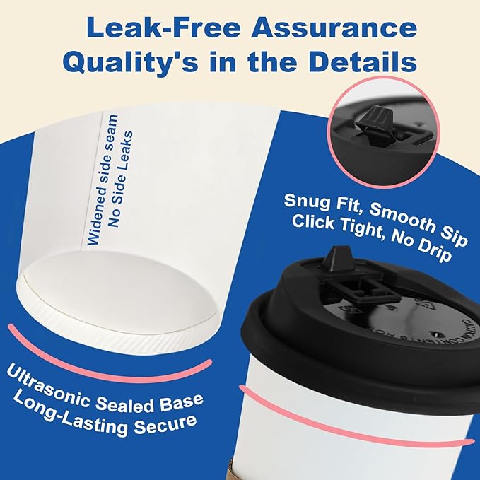 Coolcap 20 oz 50 Pack Coffee Cups with Lids and Sleeves, Straws, Hot Disposable To Go Travel Paper Cups Bulk for Office, Home Coffee Bar Accessories, Chocolate, Cocoa, Beverage (White)