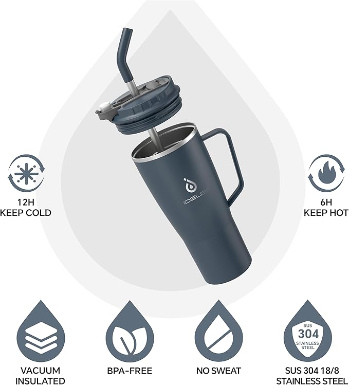 Ideus 32 oz Tumbler with Handle and Straw, Vacuum Insulated Stainless Steel Travel Mug, 100% Leakproof, Cup Holder Friendly, Navy Blue