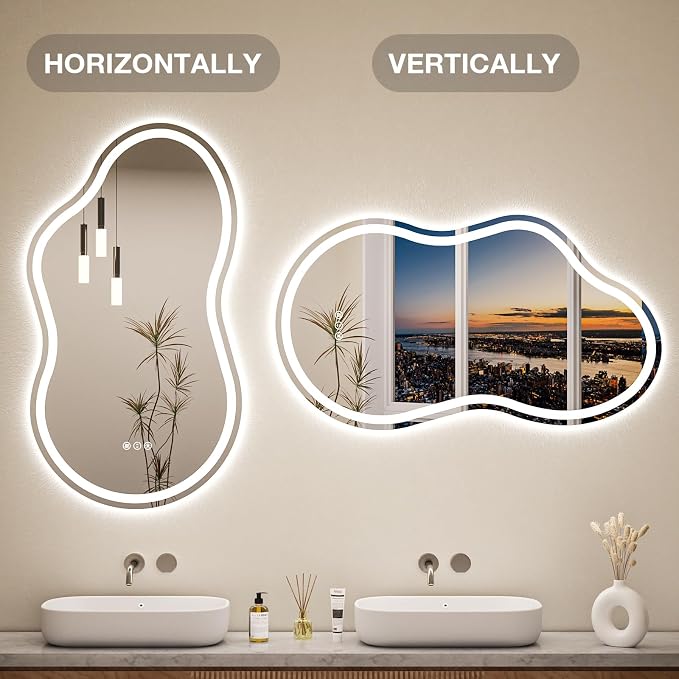 Cloud Shape Asymmetrical LED Vanity Mirror with Lights, 40"x24" Fogless Lighted Bathroom Mirror, 4mm Tempered Glass, Dimmable 3-Color & Memory Function, Wall Mounted (Horizontal/Vertical)