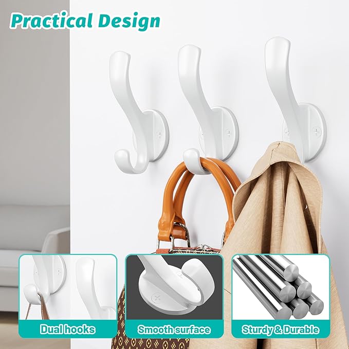 Coat Hooks Heavy Duty - Easy to Install Metal Towel Hooks Fashionable Wall Hooks for Hanging Hat, Towel, Key, Robe, Scarf, Bag, Cap (10 PCS White)
