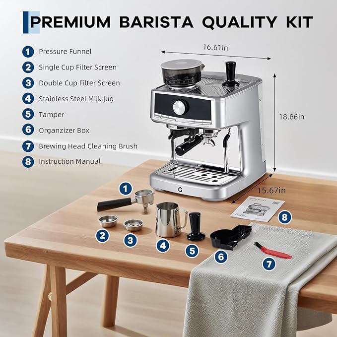 20 Bar Espresso Machine with Built-in Grinder, Stainless Steel Coffee Maker with Milk Frother Steam Wand, 1.5L Removable Water Tank, Adjustable Shot Volume for Home & Office