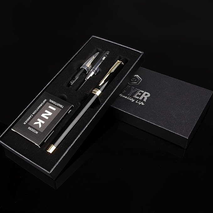 BOCIYER Fountain Pen with Fine Nib & Black Ink, Refillable & Elegant Bent Nib Design, Calligraphy Pens for Writing, Best Fountain Pen for Smooth & Fancy Writing (Black)