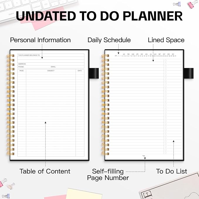 To Do List Notebook for Work, Daily To Do List Planner, ALLTREE To Do List Notebook Spiral Planner, Work Planner with Pocket, Pen Loop, 160 Pages, Black (7"x10")