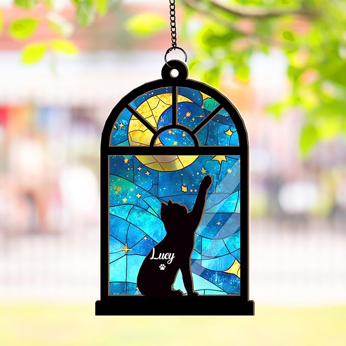 Personalized Cat Memorial Suncatcher – Custom Name & Cat Silhouette with Multiple Background Options, Pet Loss Sympathy Gift, Memorial Keepsake for Cat Lovers (Up to 3 Pets)