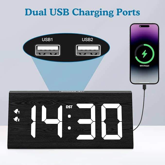 fomobest Wooden Digital Alarm Clock with Dual USB Charging Ports, DST, Dimmable, Snooze, Modern Large Time Display LED Clock for Kids Bedrooms, Living Room, Desk, Table, Bedside, Nightstand (Black)
