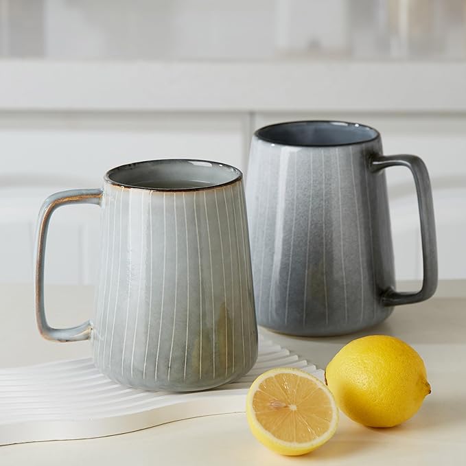 HYTYSKAR 24 OZ Extra Large Ceramic Coffee Mug, with Spoon and Wooden Lid, Big Tea Cups with a Large Handle for Office and Home, Microwave and Dishwasher Safe (24 oz Grey Set)