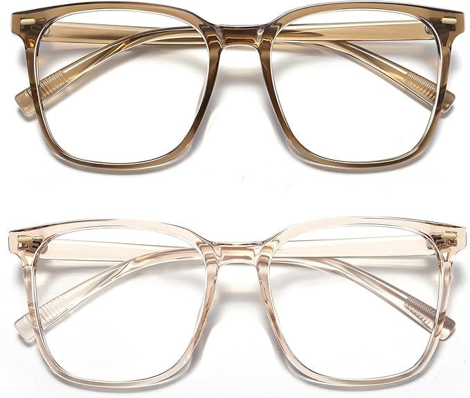 MACJERO 2-Pack Oversized Square Blue Light Blocking Glasses for Women Men, Anti-Fatigue Computer Monitor Gaming Glasses Reduce Eye Strain(transparent Brown+Brown)