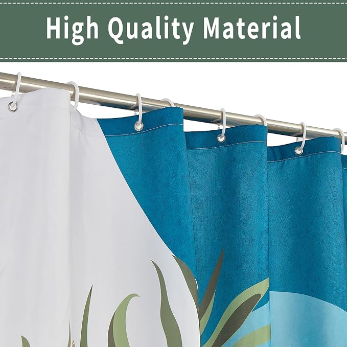 Boho Mid Century Shower Curtain, Light Blue Modern Minimalist Abstract Geometric Gold Plant Leaves Sun Arch Bathroom Curtains Waterproof Fabric Buthtub Curtain Set with Hooks 60" Wx72 L