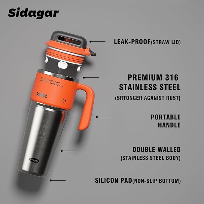 32 oz Stainless Steel Insulated Water Bottle with Handle, Sports Tumbler with Lid and Straw, Push-button Leak-proof Travel Cup, Fits in Car Cup Holder - Dynamic Orange