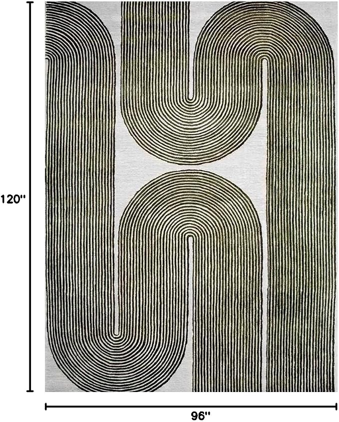 Modern Handmade Wool Area Rug, Abstract Curved Line Geometric Carpet for Living Room Bedroom, Contemporary Tufted Indoor Rug with Soft Pile and Cotton Backing (Olive, 10' x 14')
