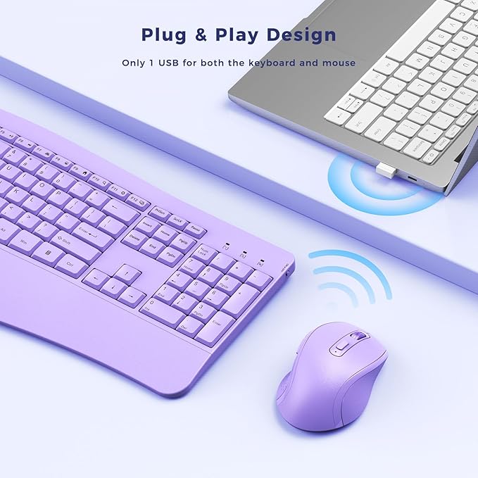 Ergonomic Keyboard and Mouse Combo - Full Size Keyboard Cordless with Palm Wrist Rest Ergonomic Mouse Wireless for Windows Computers Laptops - Light Purple (Upgrade)