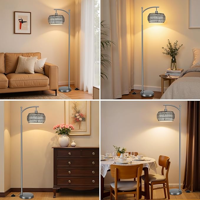 Ambimall Arc Floor Lamp for Living Room with Remote, Color Temperature & Brightness Adjustable, Bohemia Standing Lamp with Rattan & Fabric Double Drum Shades, Bulb Included(Deep Gray)