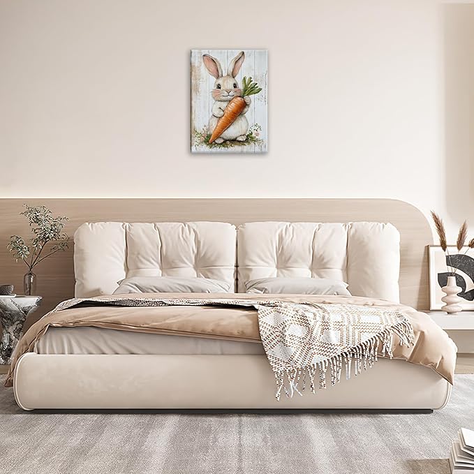 Rabbit Wall Art, Easter Bunny Pictures Wall Decor, Farmhouse Rabbit Carrot Canvas Prints, Rustic Cute Animal Painting Framed Artwork for Bathroom Living Room Bedroom Office Dining Room 20"X16"
