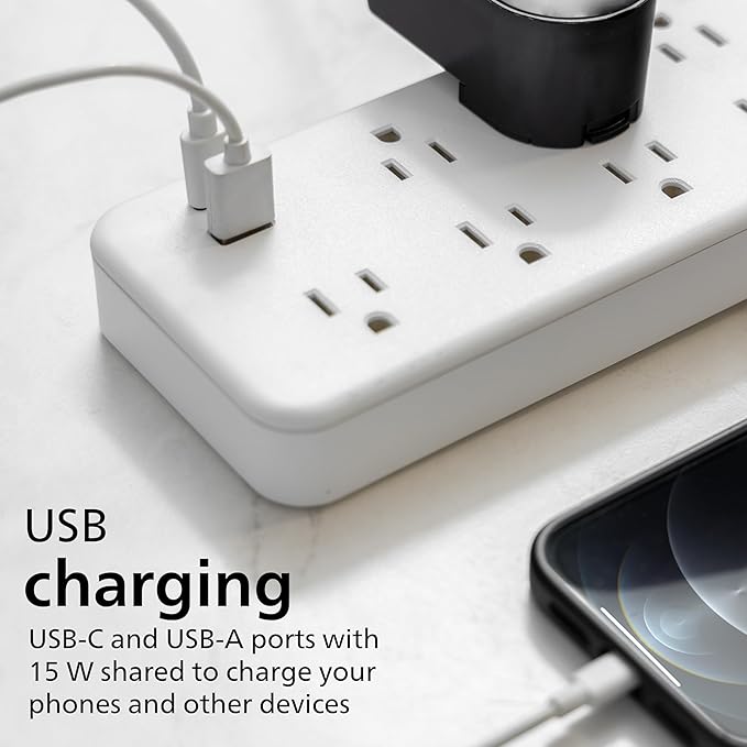 Philips 7-Outlet Surge Protector with USB Charging, 6ft Braided Extension Cord, 1USB-A, 1USB-C, 1500J, Adapter Spaced, Outlet Extender Power Strip, White - SPP3983W/37