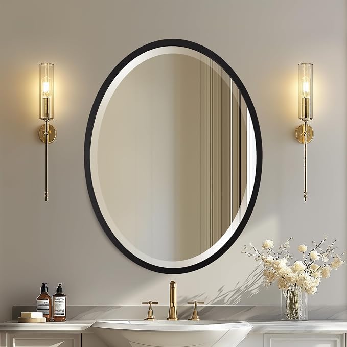 OVALCREST - Oval Wooden Beveled Wall Mirror for Home Decor, Bathroom, Vanity, Bedroom, Living Room, Hallway - London Style (Matte Black) 29.1 x 23.1