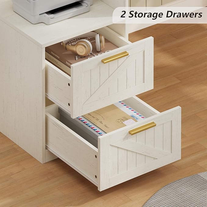 63" Farmhouse L Shaped Executive Desk with Drawers & Storage Shelf, Corner Computer Desk with Power Outlets, L Shaped Office Desk with Monitor Stand, Printer Shelf, White
