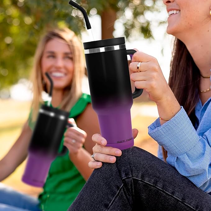 40oz Tumbler with Handle and Straw Spout 2-in-1 Lid, Spill Leak Proof Insulated Travel Cup Traveler Water Mug Keep Cold Hot, Dishwasher Safe Stainless Steel Bottle Gifts for Women Men, Black Purple