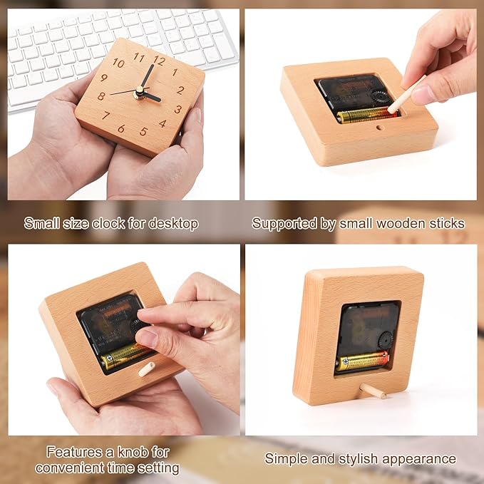 Kattepote Wooden Table Clock on Stand, Decorative Battery Operated Desk and Shelf Clock, Silent Non-Ticking Desktop Clock for Office, Living Room or Bedroom Decor, Square Shape, Beech Wood