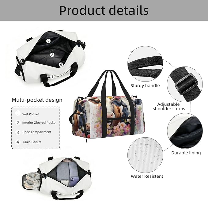 Sports Gym Bag Watercolor Floral Cows Painted Farm Animal Travel Duffel Bag With Shoe Compartment Shoulder Strap, Lightweight Water-Resistant Weekend Overnight Totes For Women Men