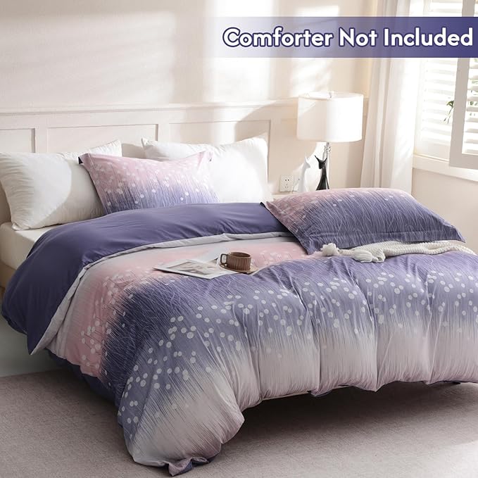 LONAVA Queen Patchwork 3 Pcs Duvet Cover Set, Breathable Soft Microfiber Purple Lining Comforter Cover with Zipper Closure, and 2 Anti-Pilling, Fade Resistant Pillowcases, Purple Blossom