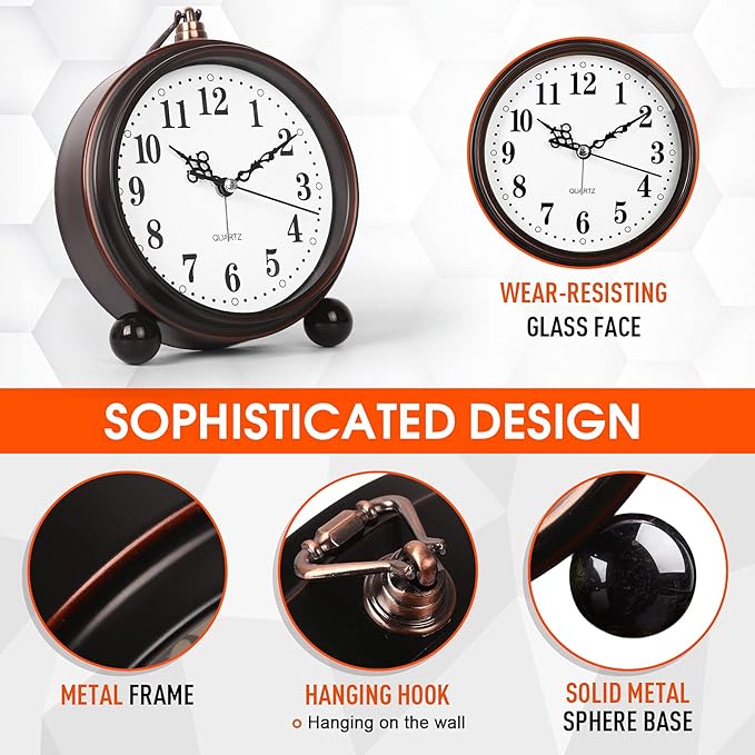 RODH Battery Alarm Clock,Night Light,Vintage Hangable Super Silent Non Ticking Analog Table Clock for Bedroom Bedside, Desk,Shelf