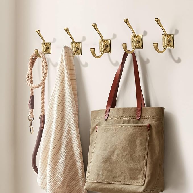 Large Wall Hooks 2 Pack Champagne Brozne Coat Hooks Hardware Towel Hooks for Hanging Coats 4.35 Inch Double Robe Hooks Wall Mounted with Screws for Key, Towel, Bags, Cup, Hat