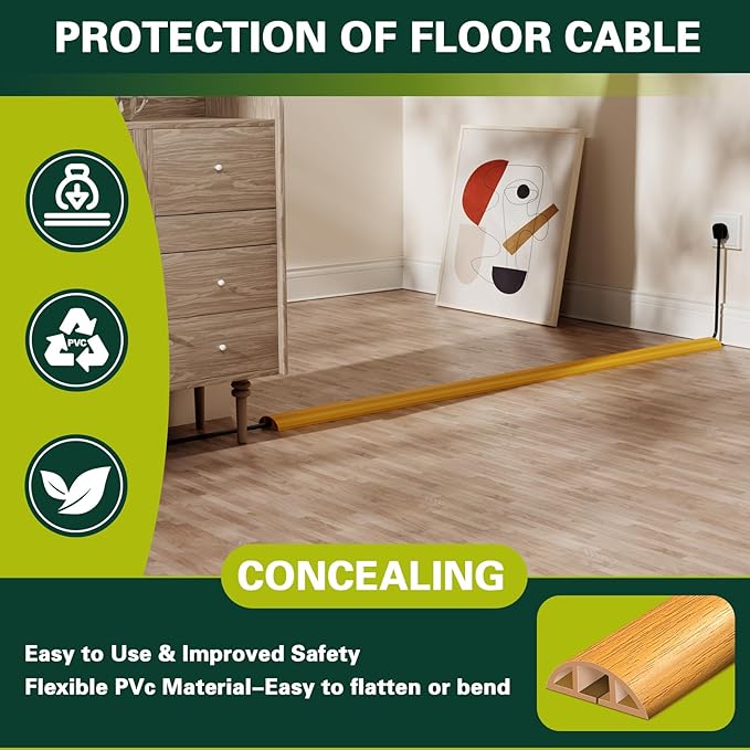 Floor Cord Cover Cable Cavity Self Adhesive Hider - Electric Cord Covers for Living Rooms, Offices - Cable Cover Protector (Wood Brown, 1.18" x 10')