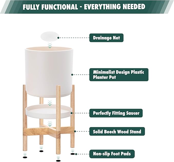 D'vine Dev Planter Pot with Stand - 12 Inch Plastic Cylinder Flower Pot with Wood Planter Holder for Indoor, Oatmeal Pot + Natural Stand, 55-C-P-4